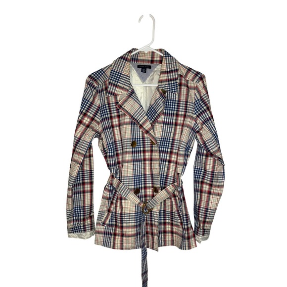 Tommy Hilfiger Jackets & Blazers - Tommy Hilfiger Womens Plaid Belted Blazer Red White Blue Double Breasted Medium